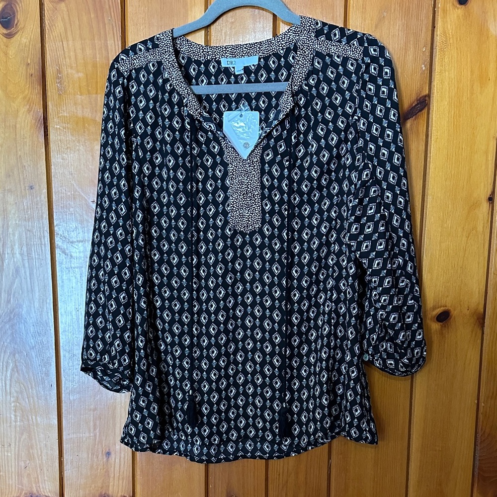 Bohemian Black and White Patterned Women's Top Tunic Sz L